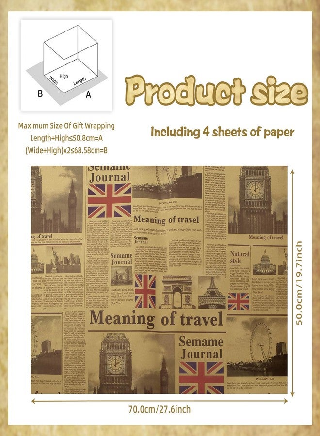 Geluode Vintage London Wrapping Paper, 4 Sheets British London Big Ben Design Kraft Wrapping Paper 20x28 inches, Kraft Traveller Gift Wrap Folded Flat for Birthday or National Day - Image 2